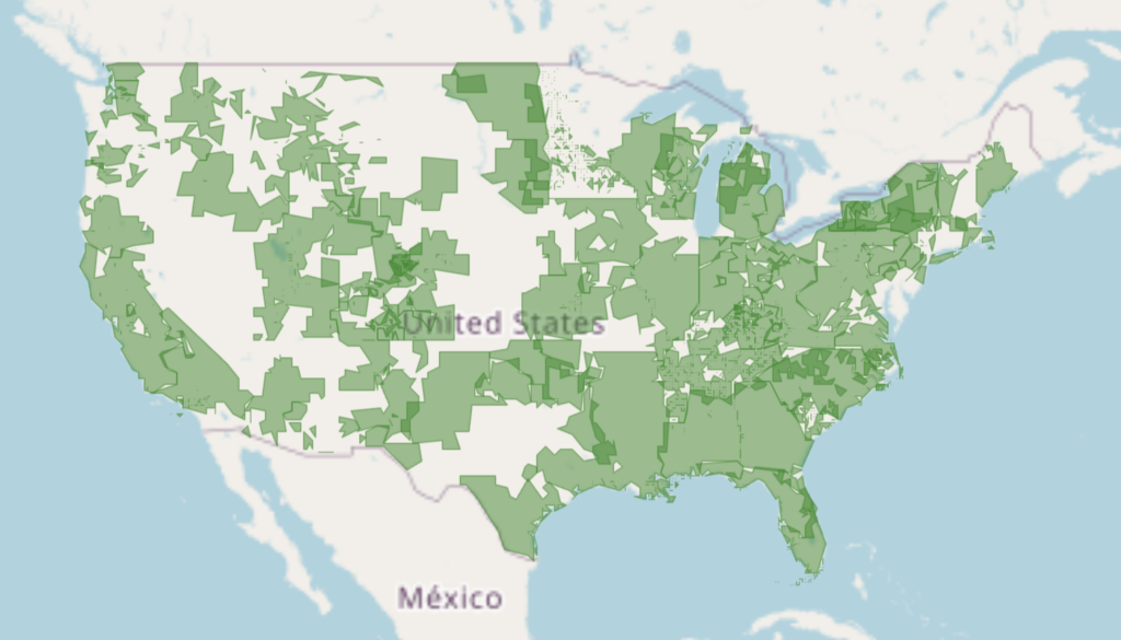 Map showing utility service territories with announced carbon or emission-reduction goals