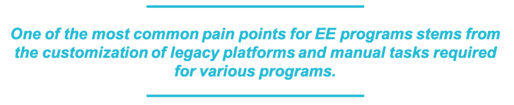 One of the most common critical areas for Energy Efficiency Programs stems from the customization of legacy platforms and consequent manual intervention required for various programs