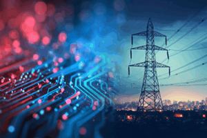 Enterprise cybersecurity protecting critical infrastructure: digital network circuitry converging with electric power transmission towers and grid, representing IT-OT operational technology integration for utility companies - ScottMadden