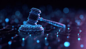 Digital blue gavel and sound block resting on a circuit board wi