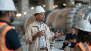 Engineer in a hard hat leads a safety briefing with crew at an i